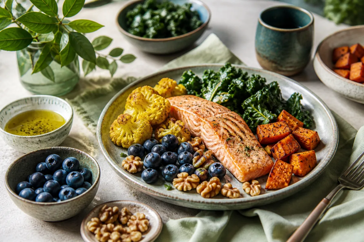 Anti-inflammatory table with salmon, turmeric cauliflower, sweet potato, kale, blueberries, walnuts and olive oil.
