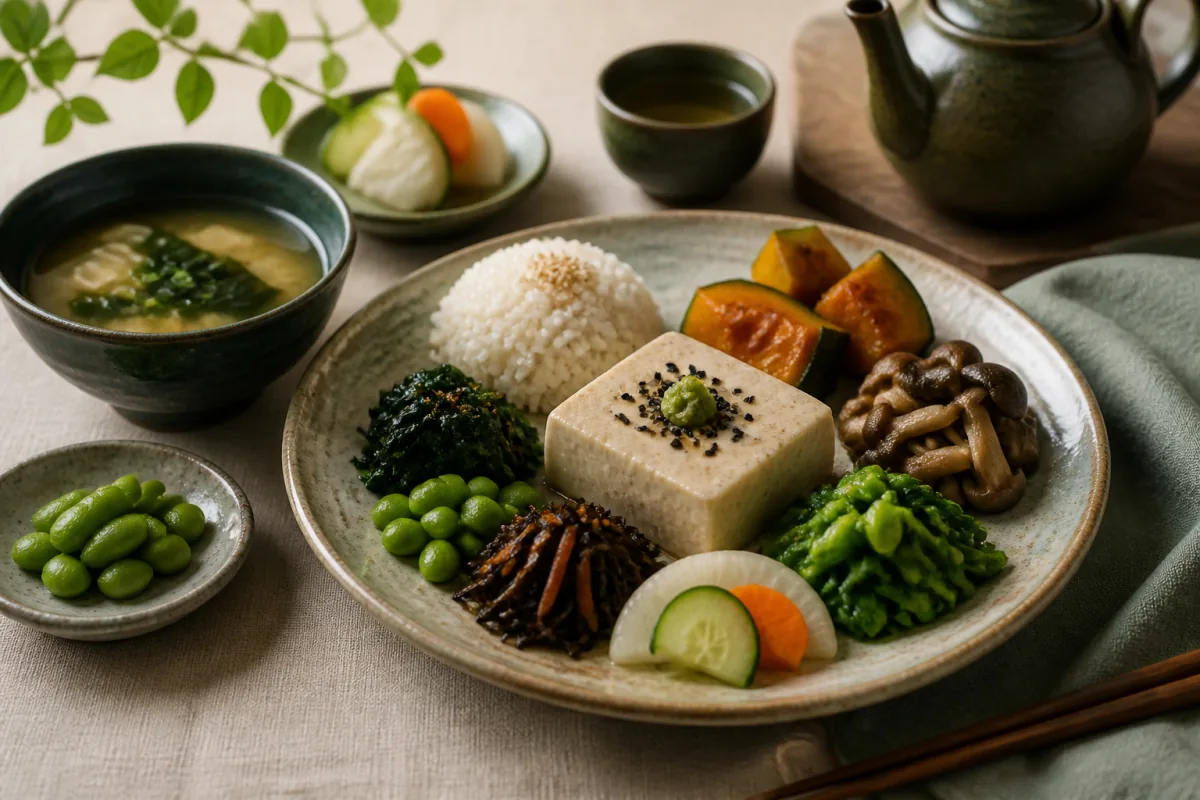 Buddhist Shojin meal with sesame tofu, rice, pumpkin, mushrooms, greens, seaweed and pickled vegetables.