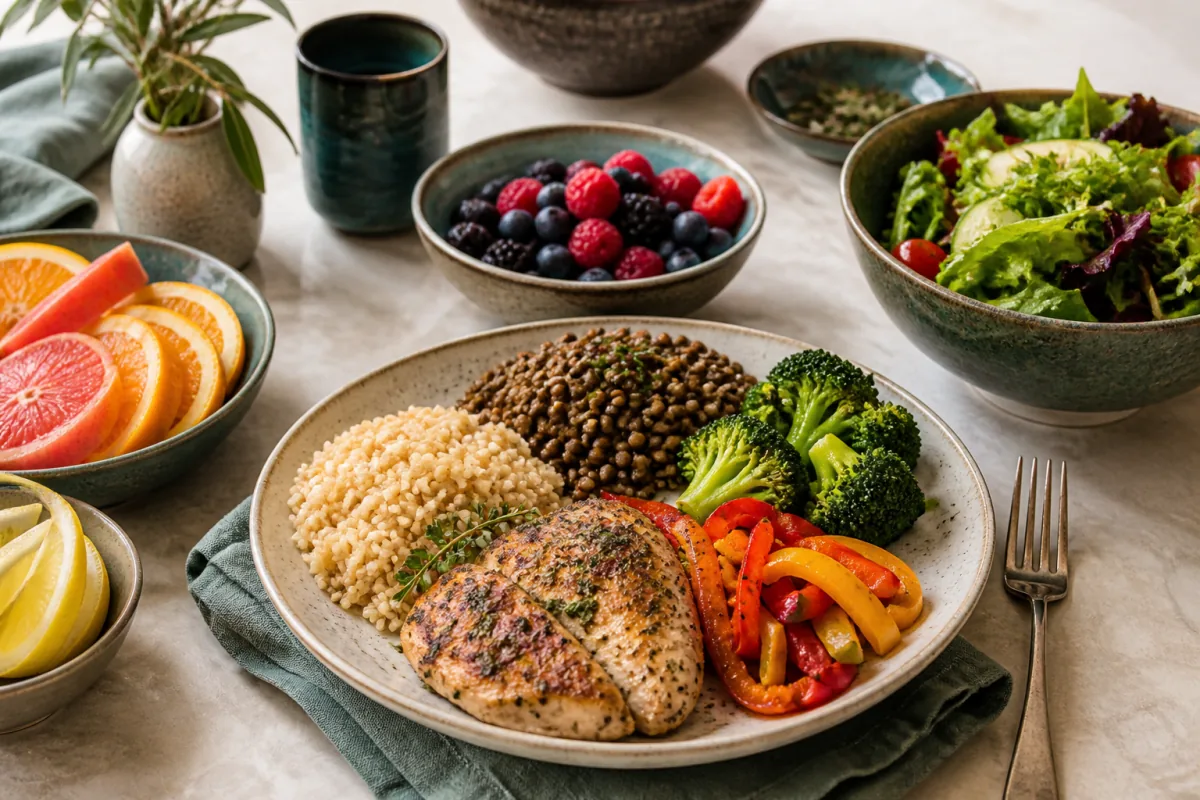 DASH diet table with herb chicken, brown rice, lentils, broccoli, peppers, leafy salad, berries and citrus.