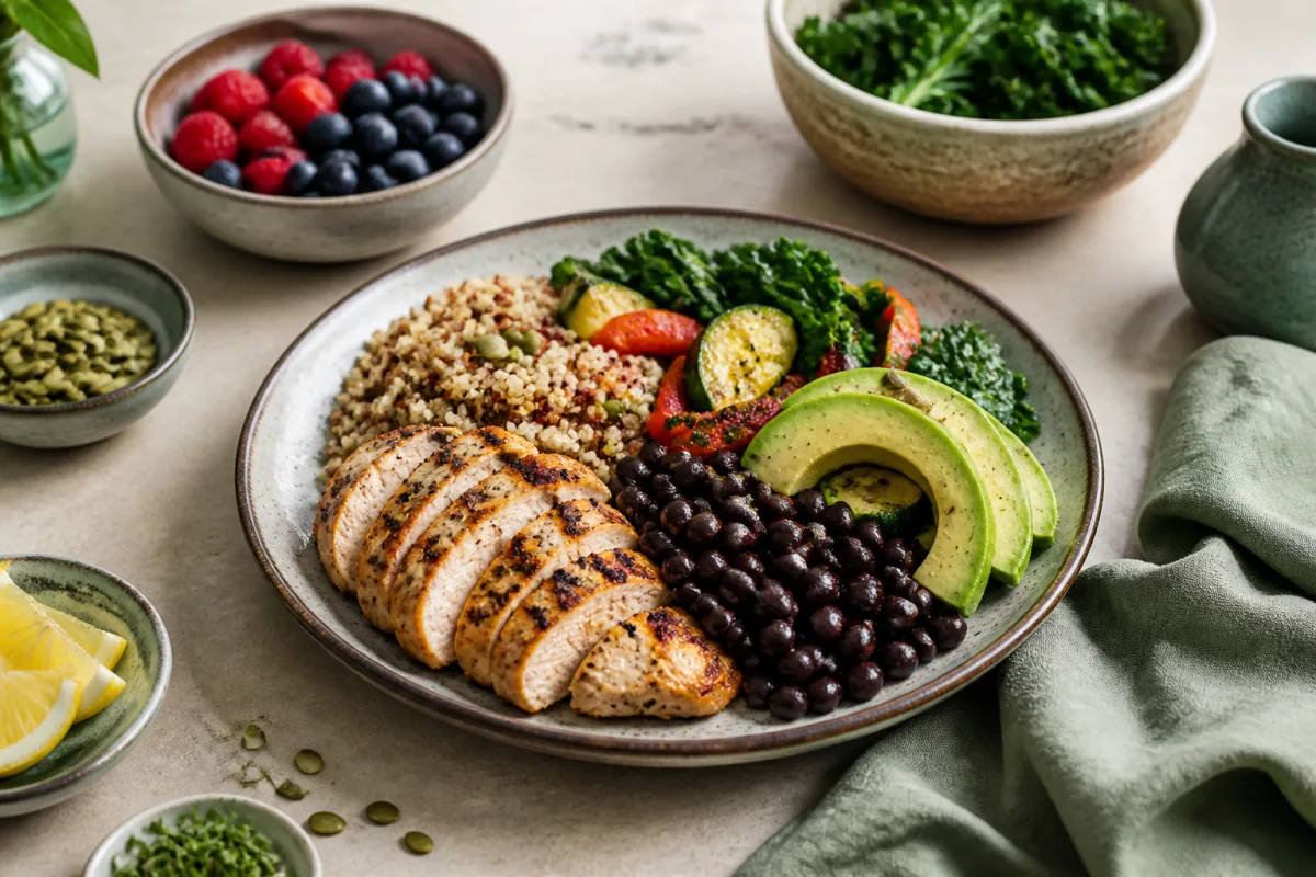 Diabetes-friendly balanced plate with grilled chicken, quinoa, black beans, vegetables, avocado and berries.