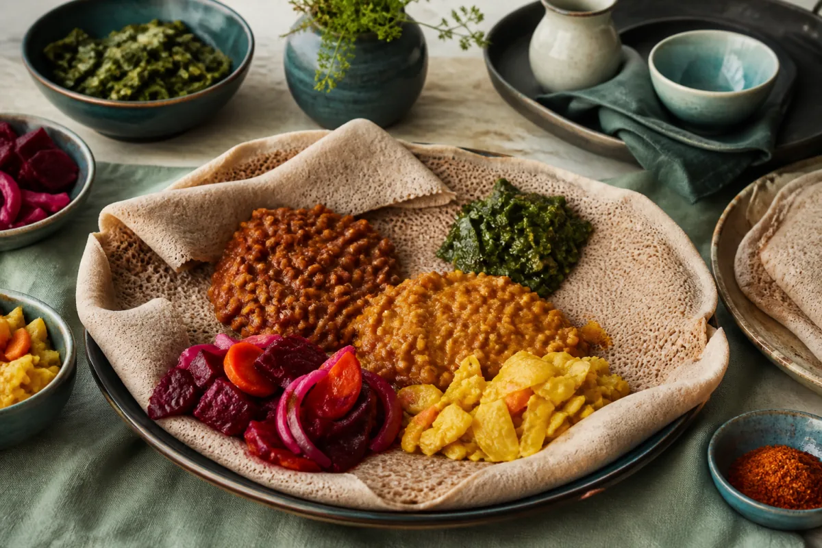 Ethiopian sharing platter with injera, lentil and chickpea stews, greens, cabbage, beets and carrots.
