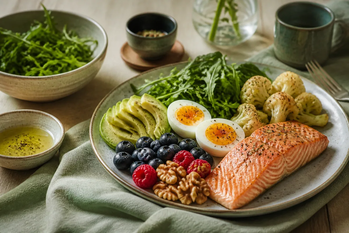 Galveston Diet Hero Salmon Avocado Greens Berries.
