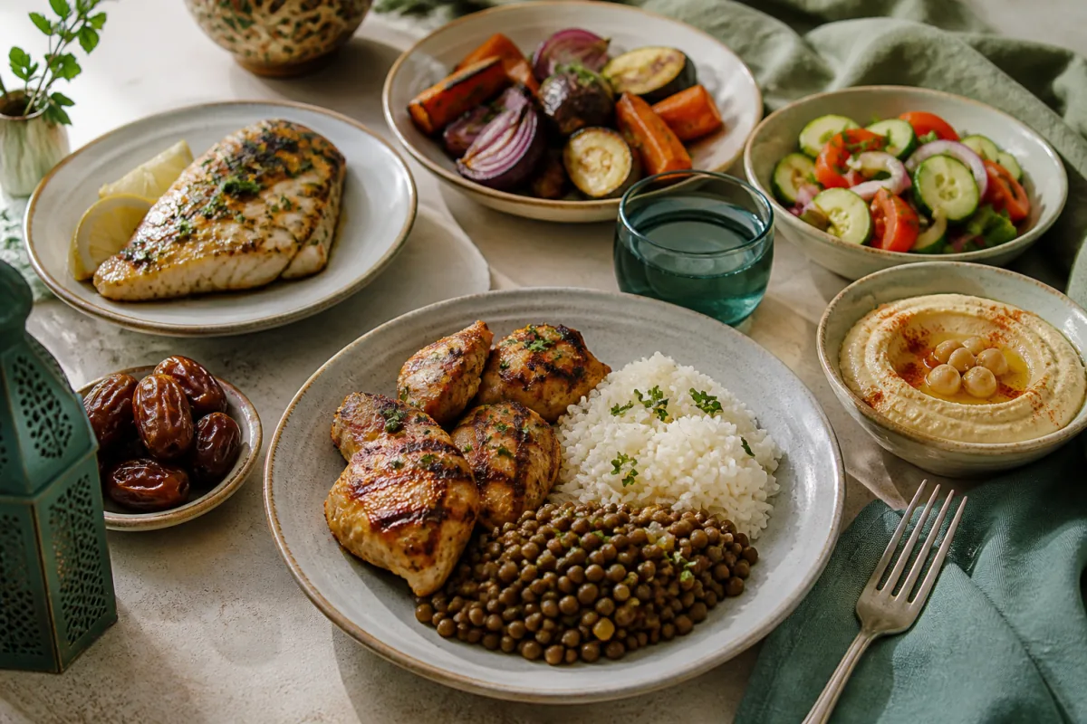 Halal table with grilled chicken, baked fish, lentils, rice, roasted vegetables, hummus, salad and dates.