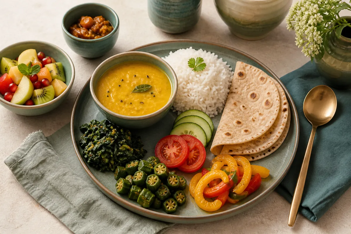 Jain thali with lentil dal, rice, okra, leafy greens, peppers, cucumber, tomatoes, flatbread and fruit.