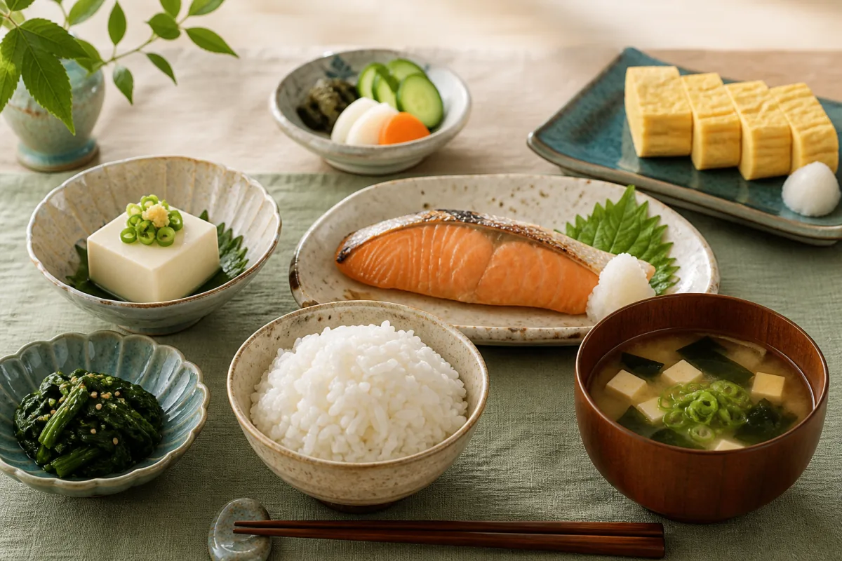 Japanese Washoku table with rice, grilled salmon, miso soup, tofu, tamagoyaki, spinach and seaweed.
