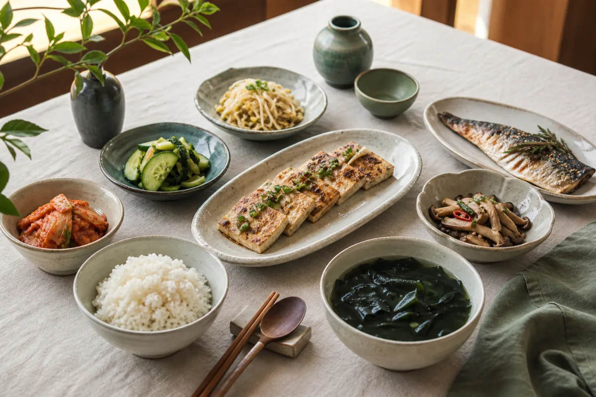 Korean Hansik table with rice, tofu, spinach, bean sprouts, mushrooms, seaweed soup, kimchi and fish.