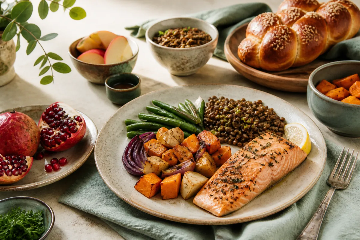 Kosher-style dairy-free table with salmon, lentils, roasted root vegetables, green beans, bread and pomegranate.