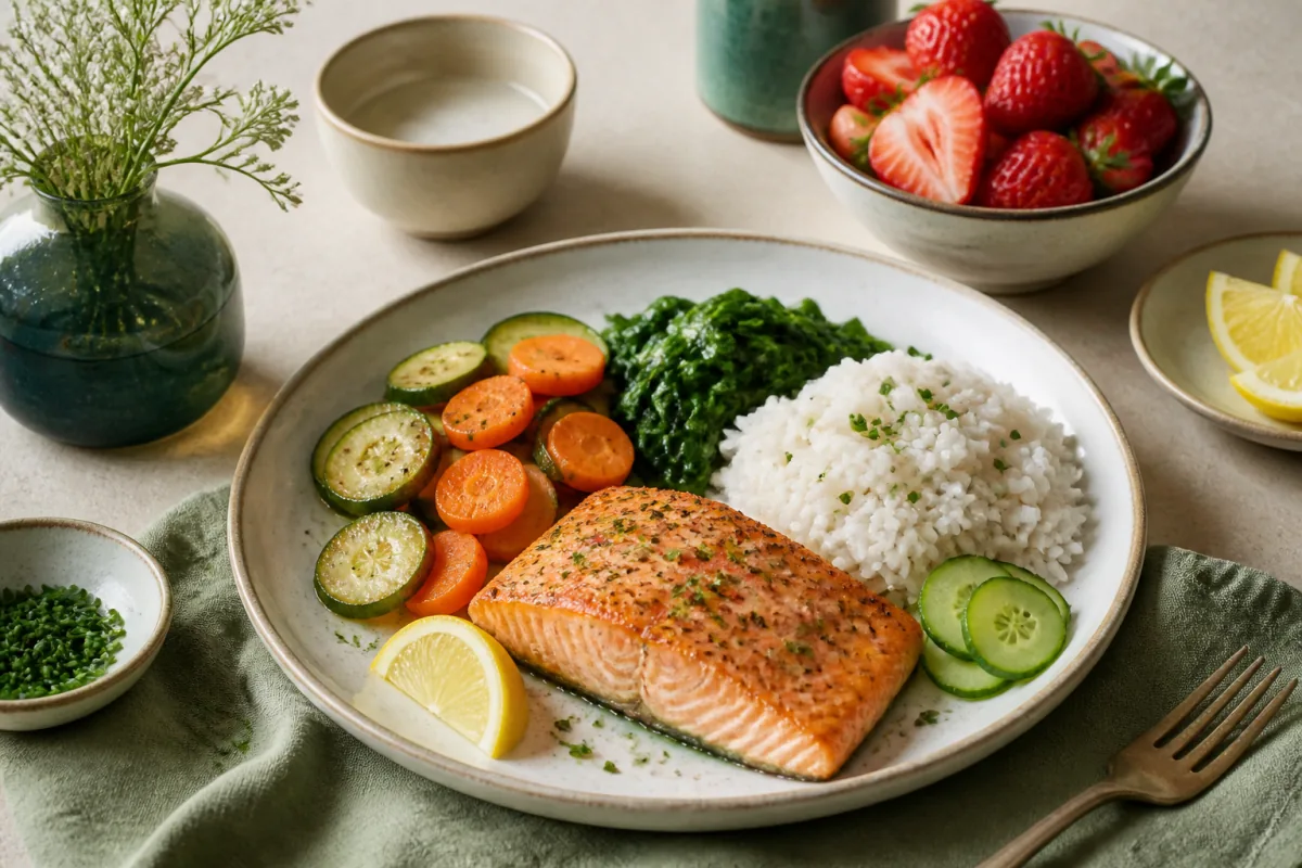 Low-FODMAP table with salmon, rice, zucchini, carrots, spinach, cucumber, strawberries and lemon.
