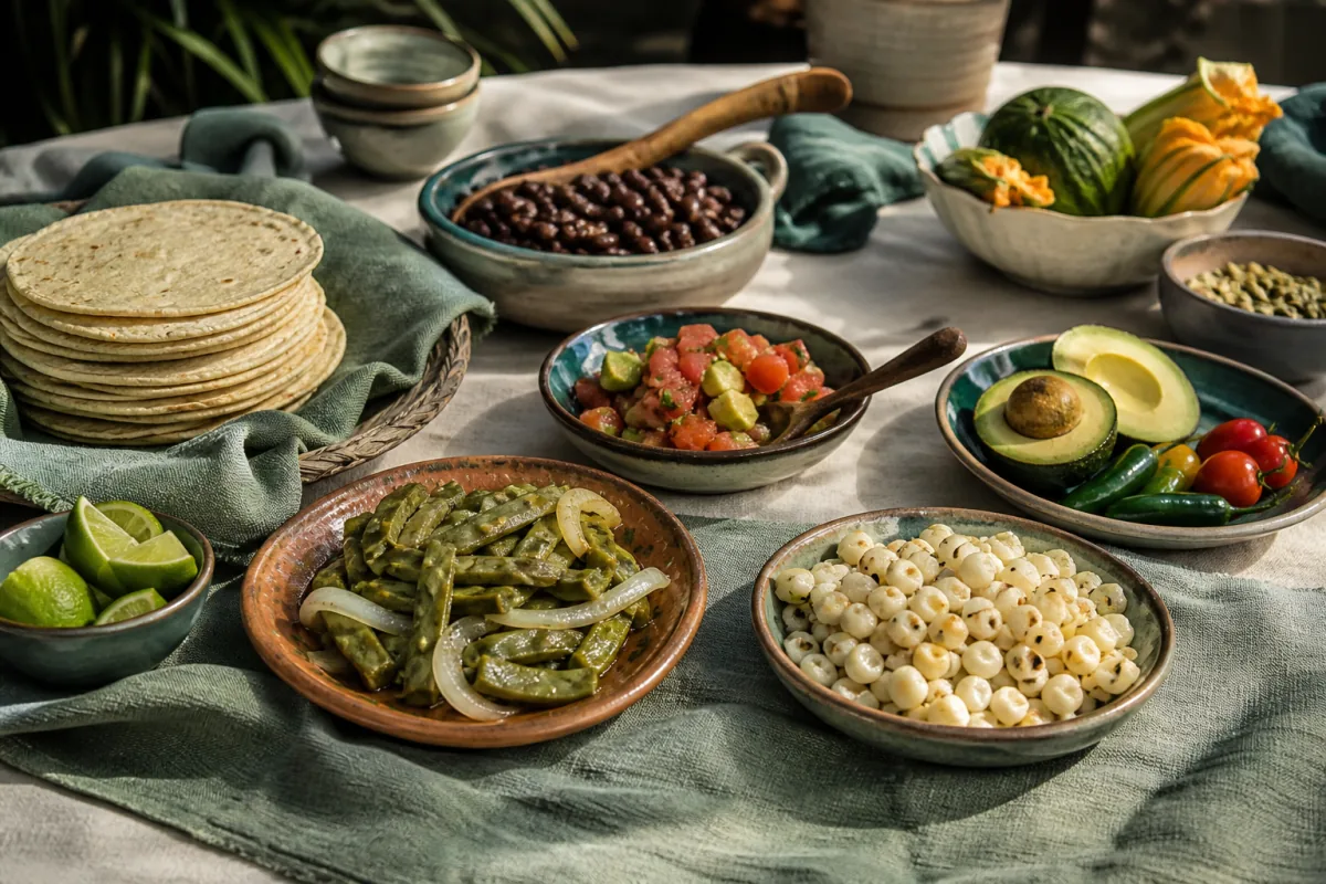 Mexican Milpa table with corn tortillas, black beans, squash, nopales, hominy, tomatoes and avocado.