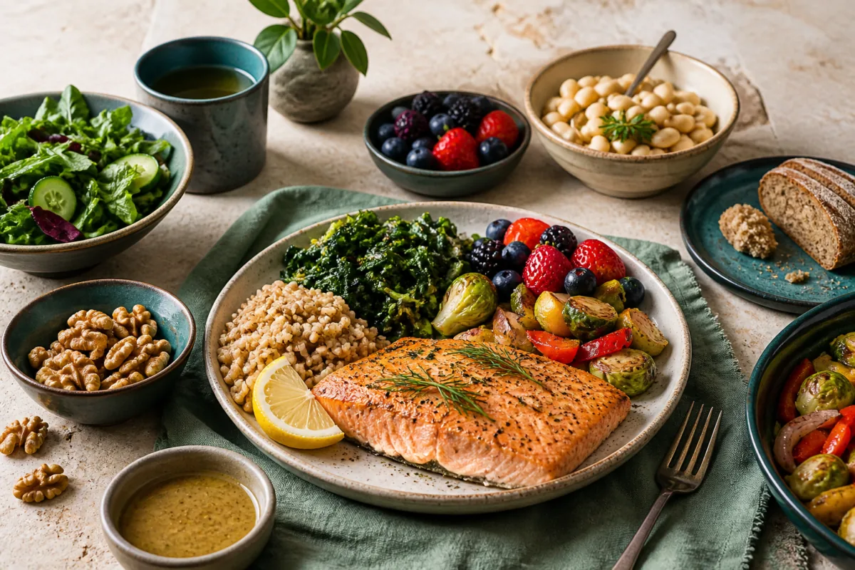 MIND diet table with trout, leafy greens, berries, walnuts, white beans, whole grains and vegetables.