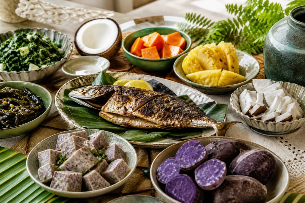 Native Hawaiian Diet Hero Fish Taro Tropical Fruit.
