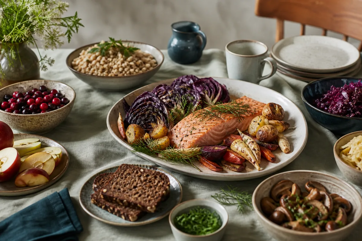 New Nordic table with salmon, dark rye, barley, cabbage, root vegetables, mushrooms, dill, apples and berries.