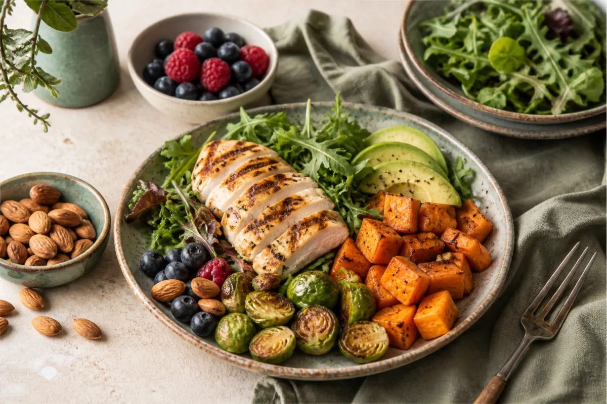 Paleo table with chicken, sweet potato, Brussels sprouts, greens, avocado, berries and almonds.