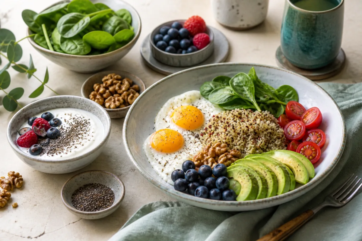 PCOS-supportive table with eggs, yogurt, berries, chia, walnuts, avocado, spinach and quinoa.