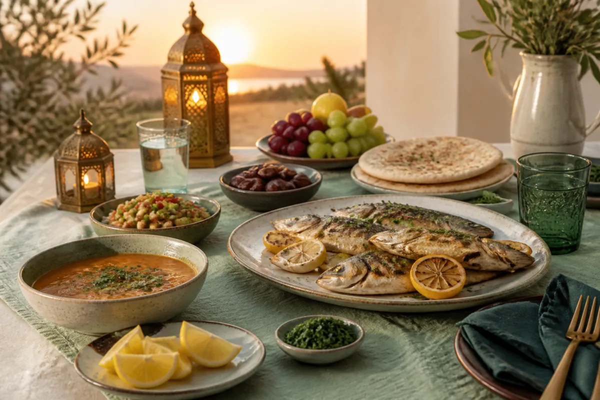 Ramadan iftar table with dates, water, lentil soup, grilled fish, chickpea salad, flatbread and fruit.