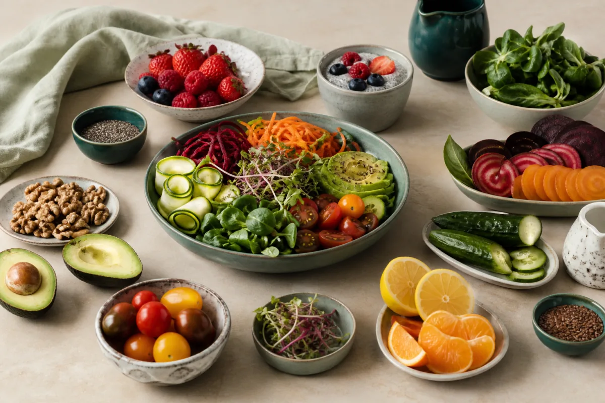 Raw Food Diet Hero Zucchini Avocado Sprouts Fruit.