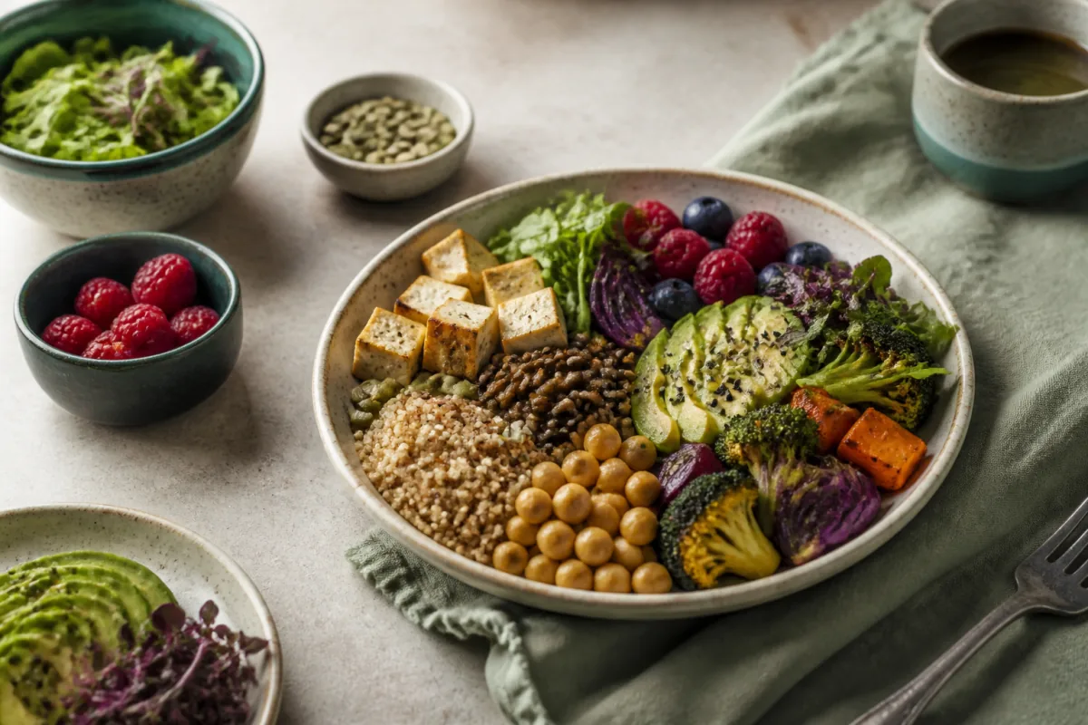 Vegan table with tofu, lentils, chickpeas, quinoa, roasted vegetables, greens, avocado and berries.