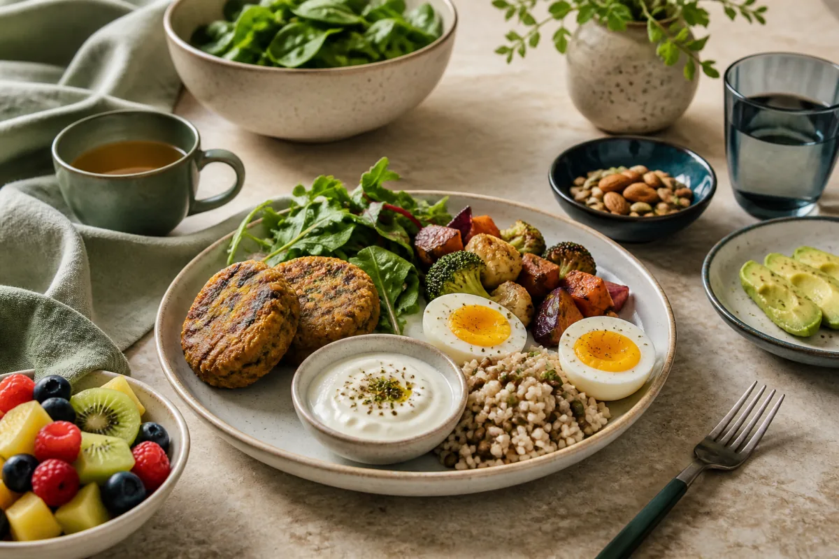 Vegetarian table with lentil patties, eggs, yogurt, whole grains, roasted vegetables, greens and fruit.