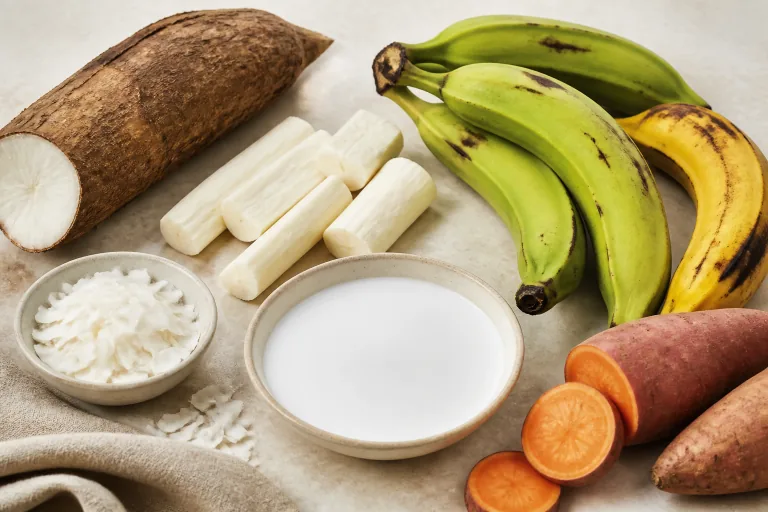 Editorial image showing aip cassava plantain coconut starches.