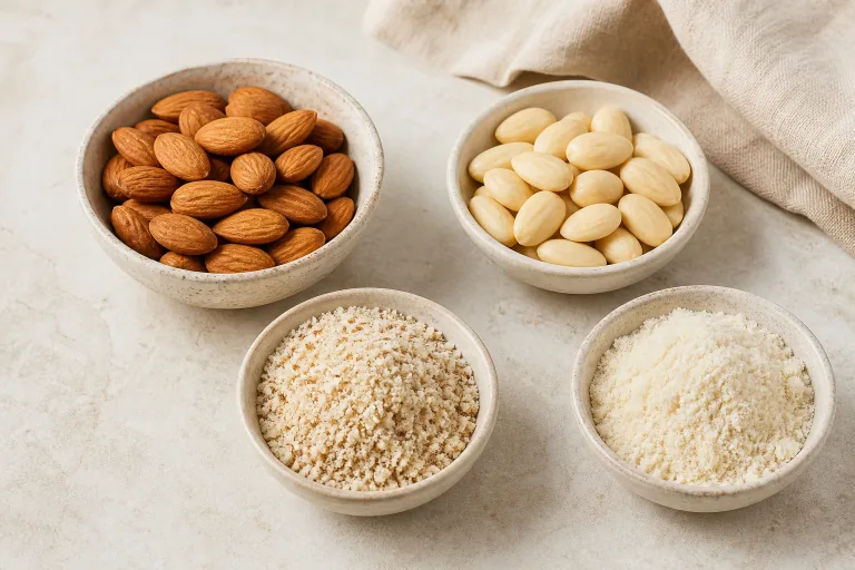 Editorial image showing almond flour whole almonds.
