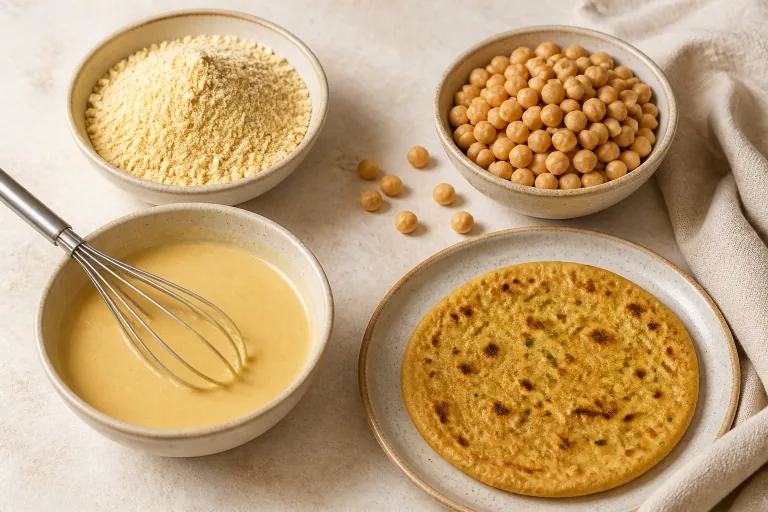 Editorial image showing chickpea flour batter flatbread.