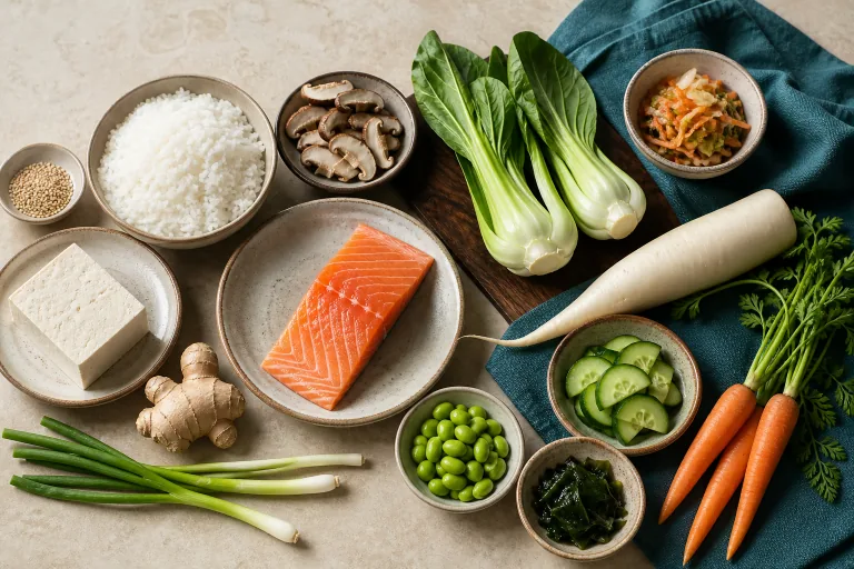 East Asian staples including rice, tofu, salmon, shiitake mushrooms, bok choy, daikon, ginger, edamame, cucumber and seaweed.