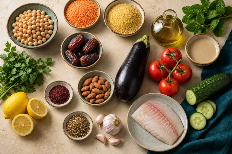 Levantine ingredients including chickpeas, lentils, bulgur, olive oil, tahini, eggplant, tomatoes, cucumbers, herbs, lemon, dates and fish.