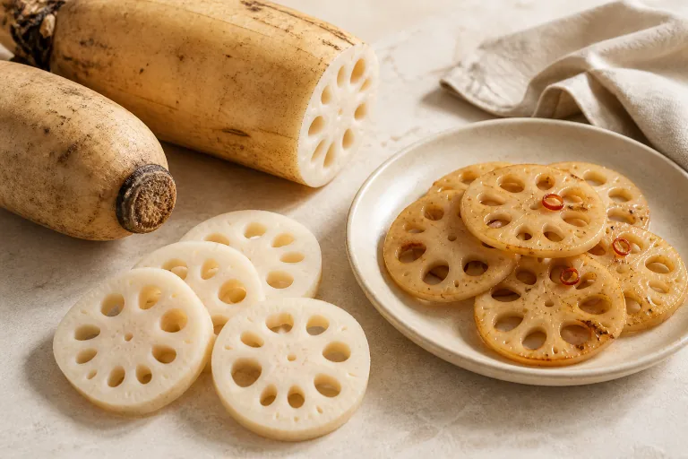Editorial image showing lotus root whole sliced cooked.