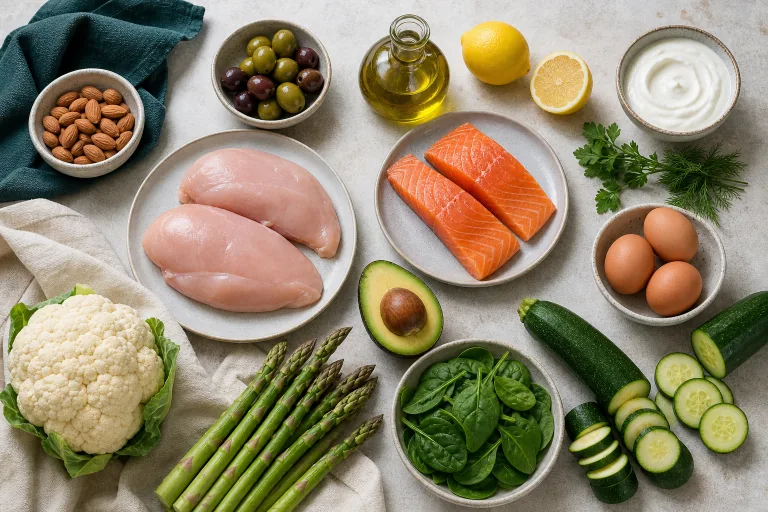 Low-carb ingredients including halal chicken, salmon, eggs, avocado, cauliflower, asparagus, spinach, zucchini, cucumber and almonds.