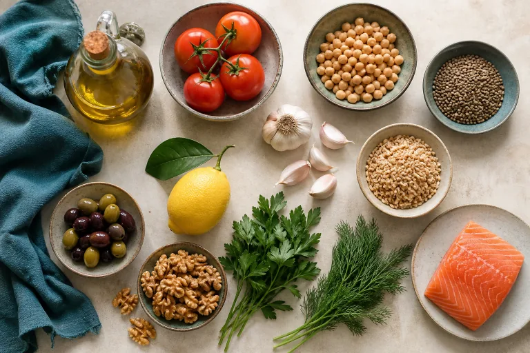 Mediterranean ingredients including olive oil, tomatoes, chickpeas, lentils, garlic, lemon, herbs, olives, walnuts and salmon.