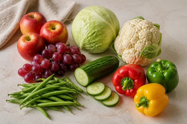 Editorial image showing renal apples grapes cabbage cauliflower.
