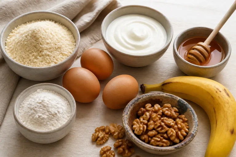 Editorial image showing scd almond coconut flour yogurt honey.