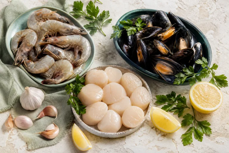 Shrimp, mussels and scallops arranged with citrus and herbs.