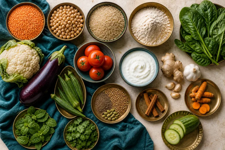 South Asian ingredients including lentils, chickpeas, rice, whole-wheat flour, vegetables, yogurt, ginger, garlic and whole spices.