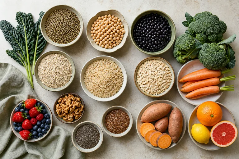 Plant-based pantry staples with legumes, whole grains, nuts, seeds, leafy greens, berries and vegetables.