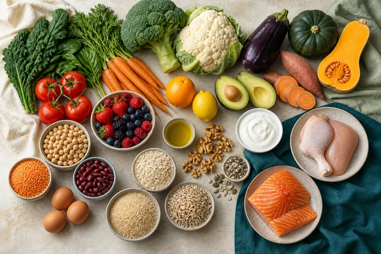 Whole-food ingredient spread with vegetables, fruit, legumes, grains, nuts, seeds, eggs, yogurt, olive oil, salmon and halal chicken.