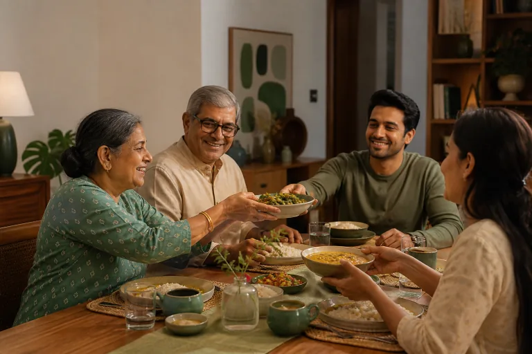 Multigenerational South Asian family sharing lentils, vegetables and rice at a warm home dinner table.