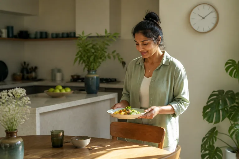 South Asian woman setting a balanced meal at a sunlit kitchen table as part of an intentional eating routine.