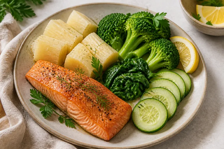 Editorial image showing aip salmon cassava spinach plate.