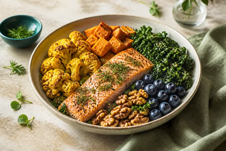 Anti-inflammatory meal with salmon, turmeric cauliflower, sweet potato, kale, blueberries and walnuts.