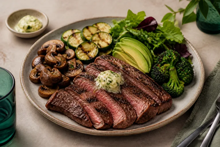 Atkins-style low-carbohydrate plate with halal steak, mushrooms, zucchini, avocado, greens and broccoli.