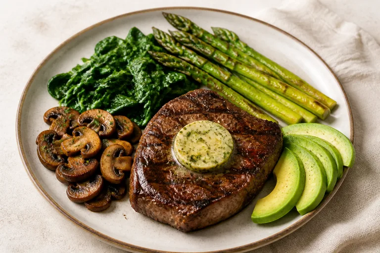 Editorial image showing atkins steak mushroom spinach plate.