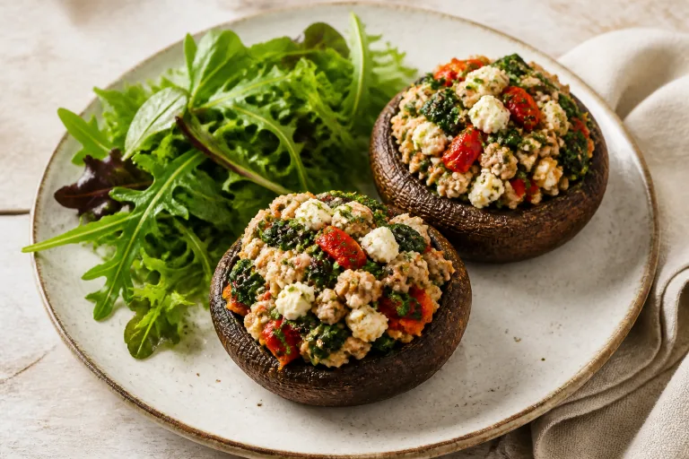 Editorial image showing atkins turkey goat cheese stuffed mushrooms.