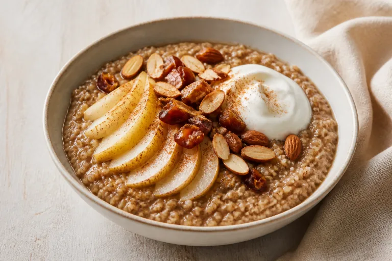Editorial image showing ayurvedic amaranth cardamom pear porridge.