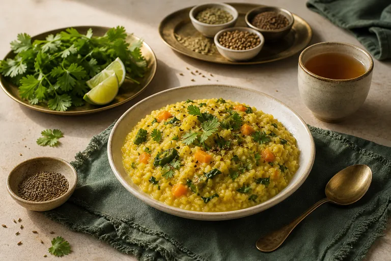 Ayurvedic kitchari with mung lentils, basmati rice, cooked vegetables, greens, cilantro, lime and warming spices.