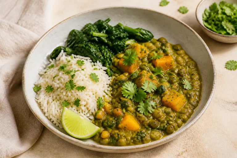Editorial image showing ayurvedic fenugreek mung lentil stew.