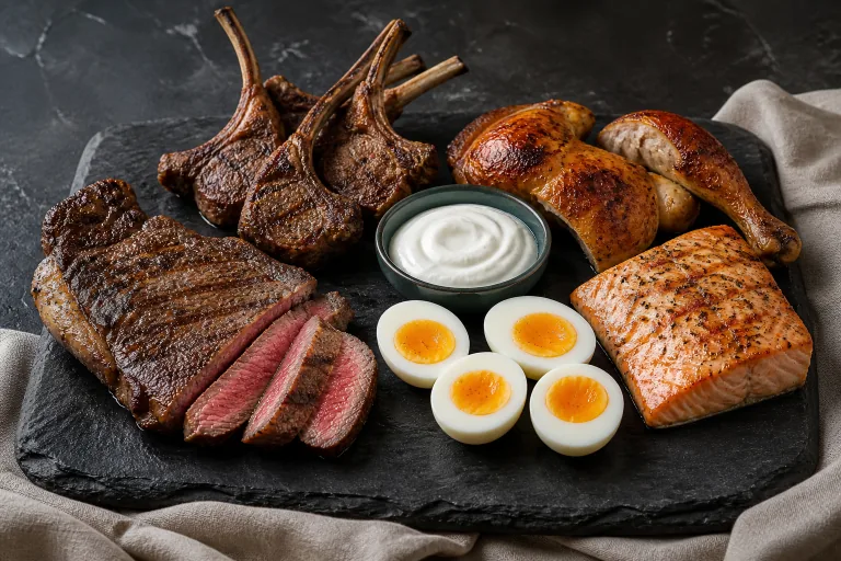 Meat-forward halal plate with grilled steak, lamb chops, chicken, salmon, eggs and plain yogurt.