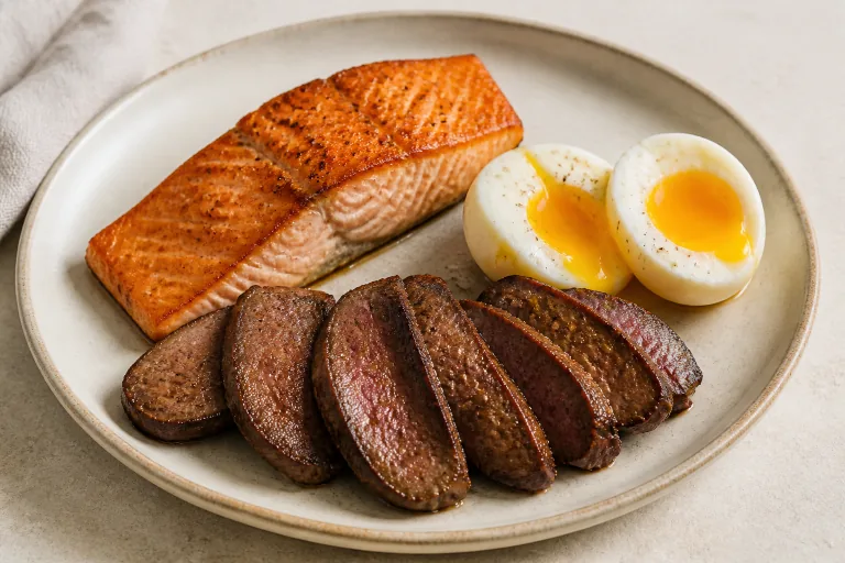Editorial image showing carnivore salmon liver eggs plate.