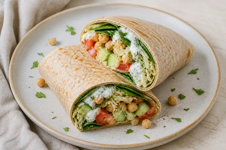 Editorial image showing dash chickpea vegetable whole grain wrap.
