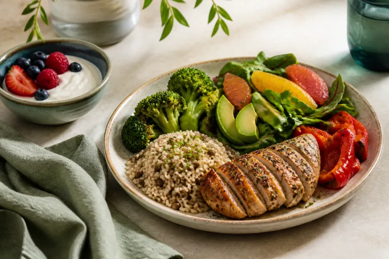 DASH-style low-sodium plate with herb chicken, brown rice and lentils, broccoli, peppers, avocado, greens and citrus.